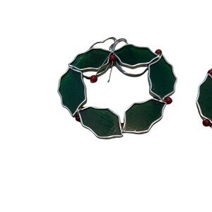 Stained Art Glass Ornaments Lot Of 5 Piece/ Wreaths, Berries, with Candle